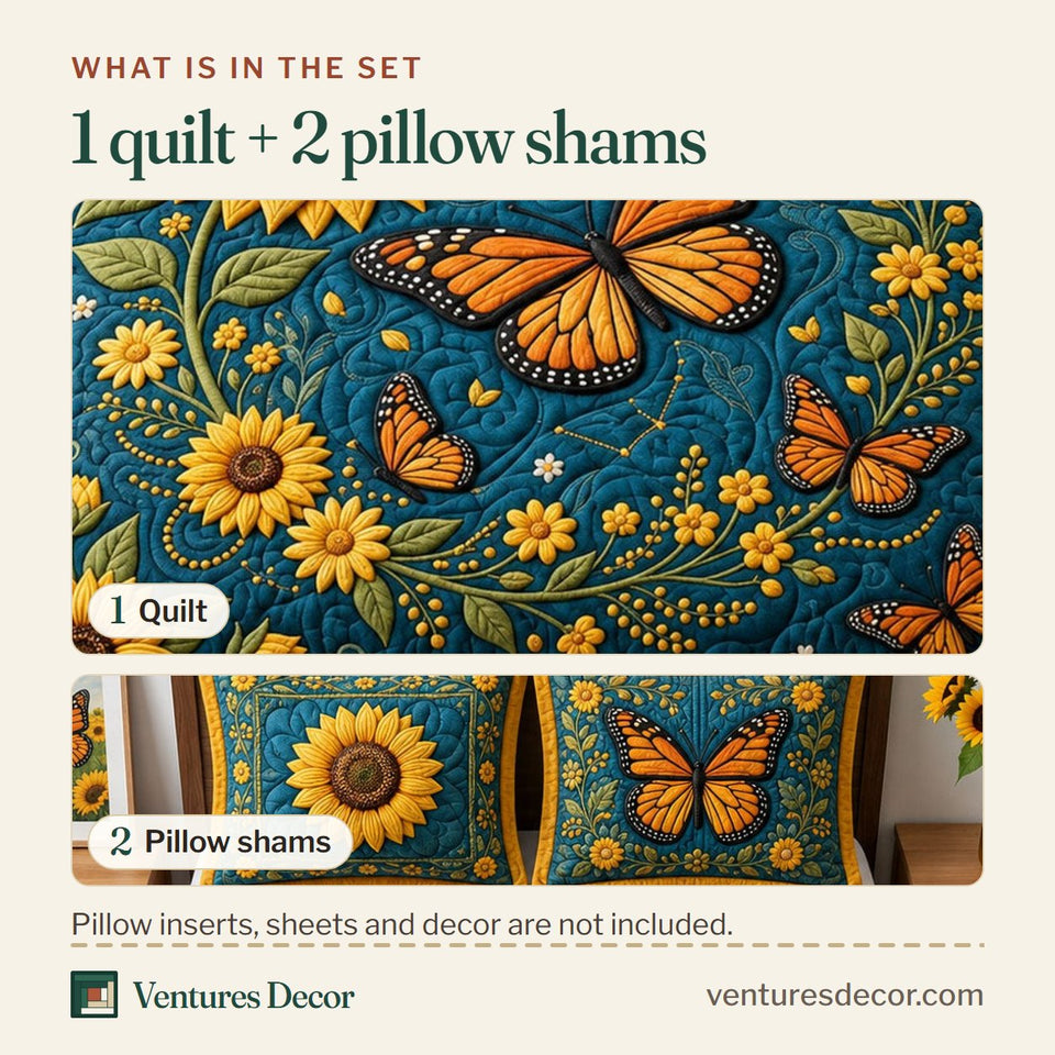 What is in the set: one quilt and two pillow shams, shown in the Sunflower Butterfly Bee design