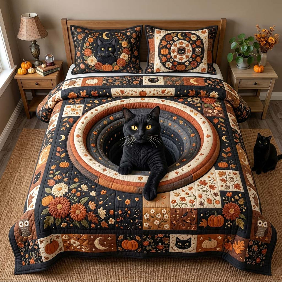 Sunflower Cat Hollow quilted bedding set, quilt and two pillow shams on a made bed