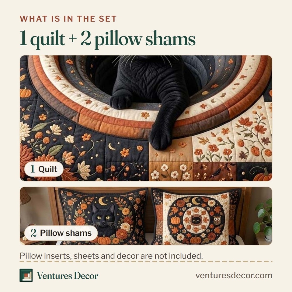 What is in the set: one quilt and two pillow shams, shown in the Sunflower Cat Hollow design