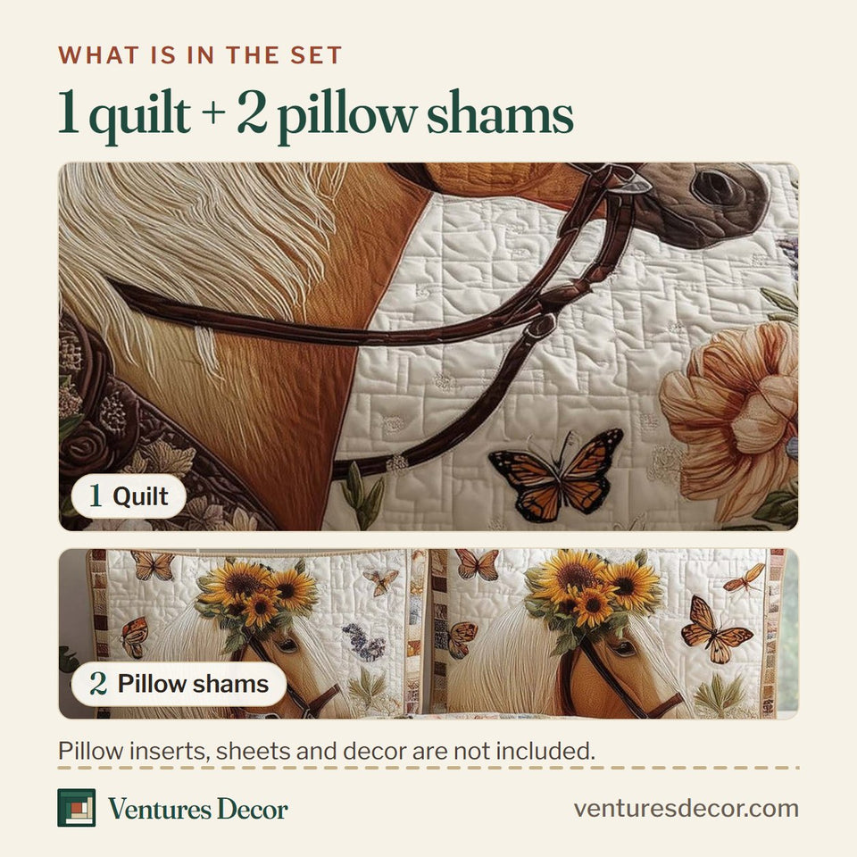 What is in the set: one quilt and two pillow shams, shown in the Sunflower Crown Horse design