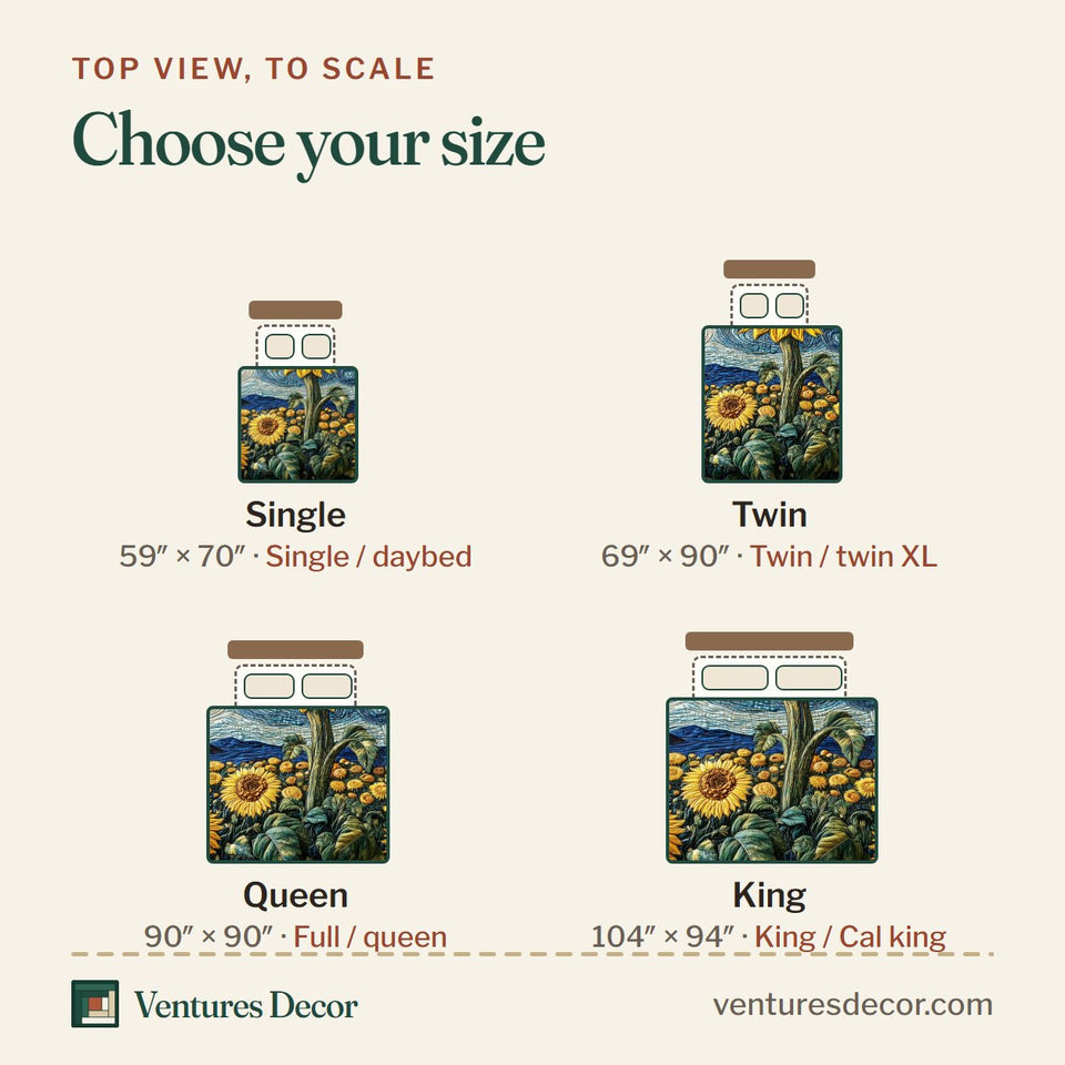 Size guide for the Sunflower Deity Rolling Clouds Blue Ridge quilt, top view to scale: Single 59 x 70 in, Twin 69 x 90 in, Queen 90 x 90 in, King 104 x 94 in