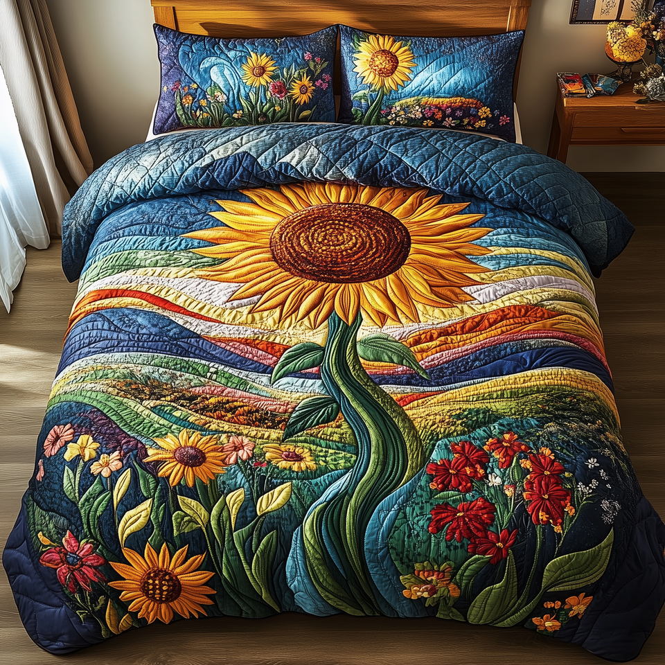 Sunflower Deity Single Bloom Striped Hills quilted bedding set, quilt and two pillow shams on a made bed