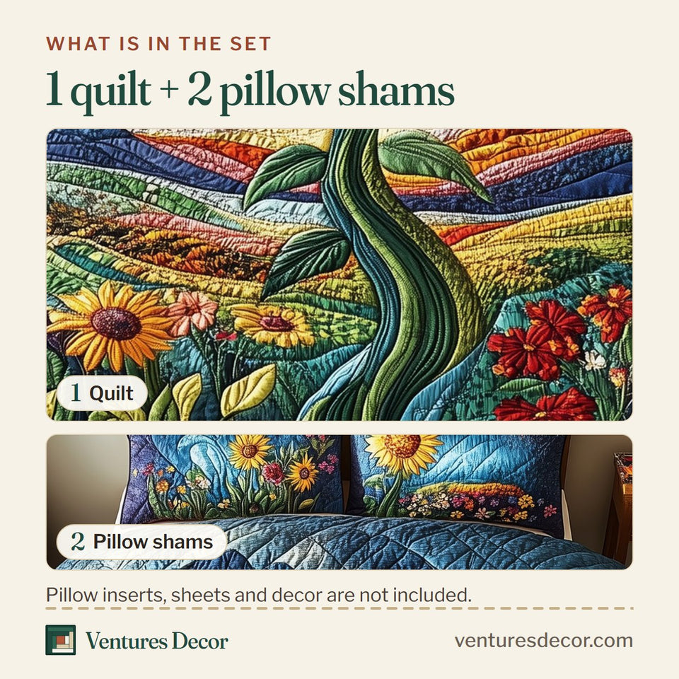 What is in the set: one quilt and two pillow shams, shown in the Sunflower Deity Single Bloom Striped Hills design