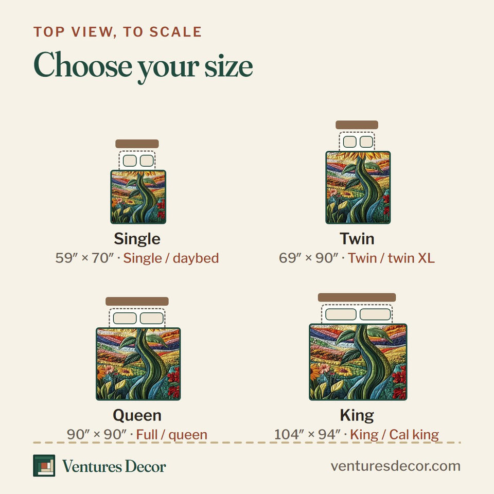 Size guide for the Sunflower Deity Single Bloom Striped Hills quilt, top view to scale: Single 59 x 70 in, Twin 69 x 90 in, Queen 90 x 90 in, King 104 x 94 in