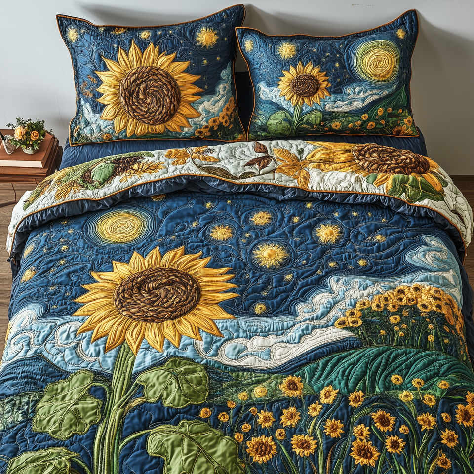 Sunflower Deity Swirling Teal Night Sky quilted bedding set, quilt and two pillow shams on a made bed