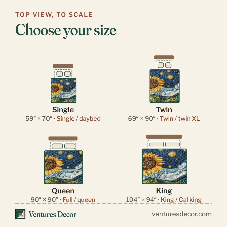 Size guide for the Sunflower Deity Swirling Teal Night Sky quilt, top view to scale: Single 59 x 70 in, Twin 69 x 90 in, Queen 90 x 90 in, King 104 x 94 in