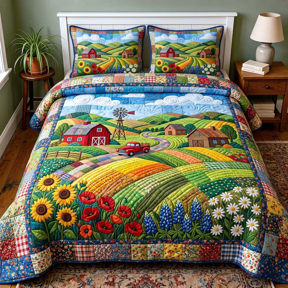 Sunflower Farm Valley quilted bedding set, quilt and two pillow shams on a made bed