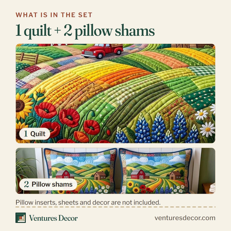 What is in the set: one quilt and two pillow shams, shown in the Sunflower Farm Valley design