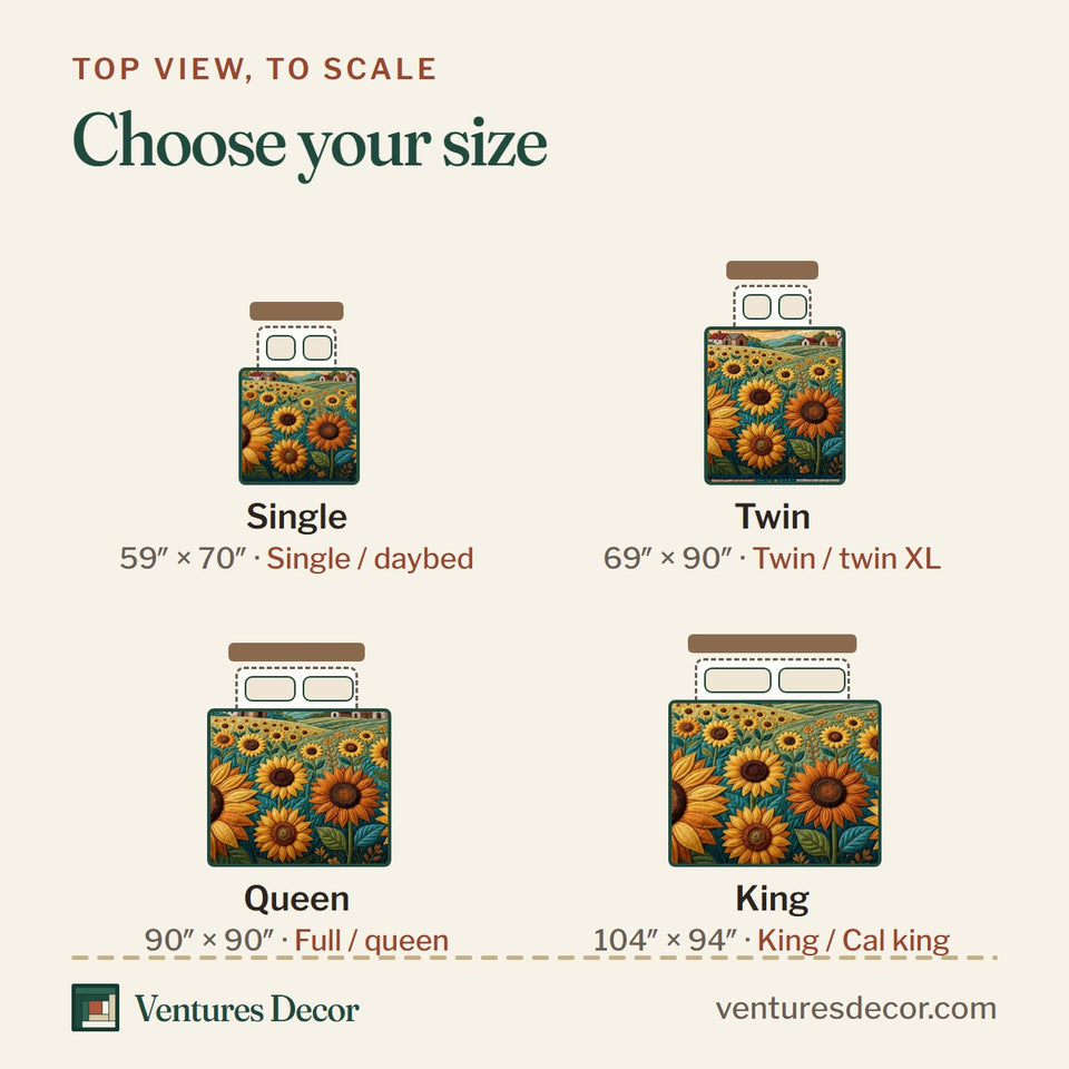 Size guide for the Sunflower Field quilt, top view to scale: Single 59 x 70 in, Twin 69 x 90 in, Queen 90 x 90 in, King 104 x 94 in