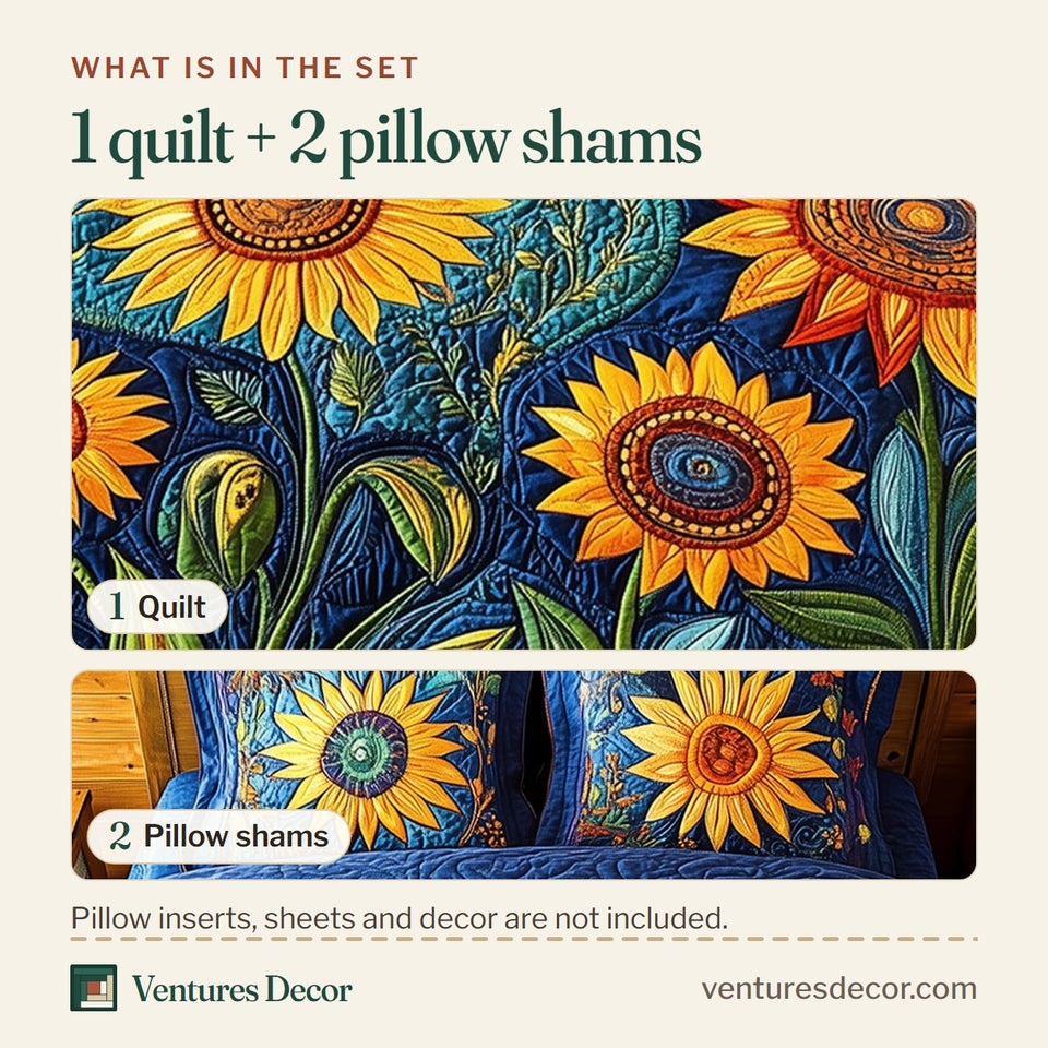What is in the set: one quilt and two pillow shams, shown in the Sunflower Field Rainbow Arc Navy design