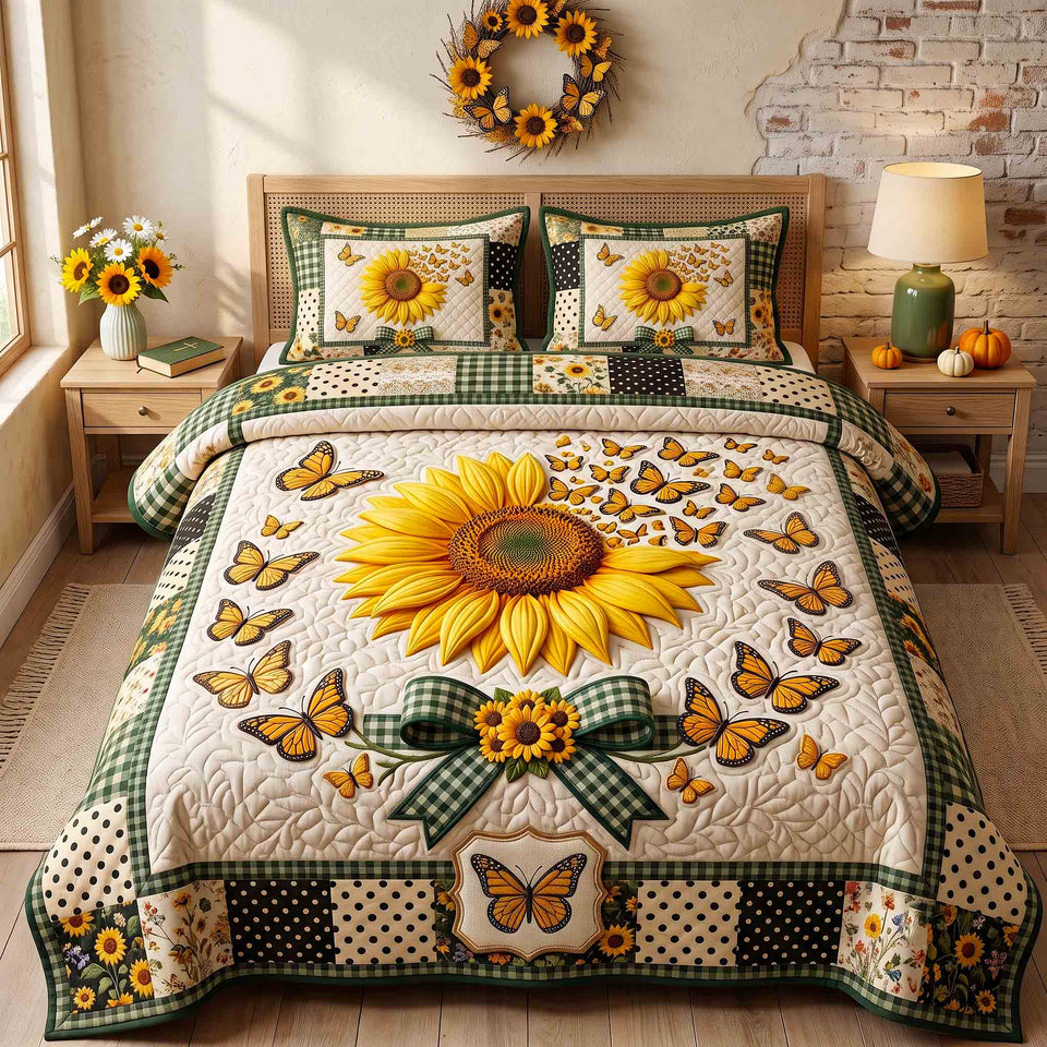 Sunflower Flutter quilted bedding set, quilt and two pillow shams on a made bed