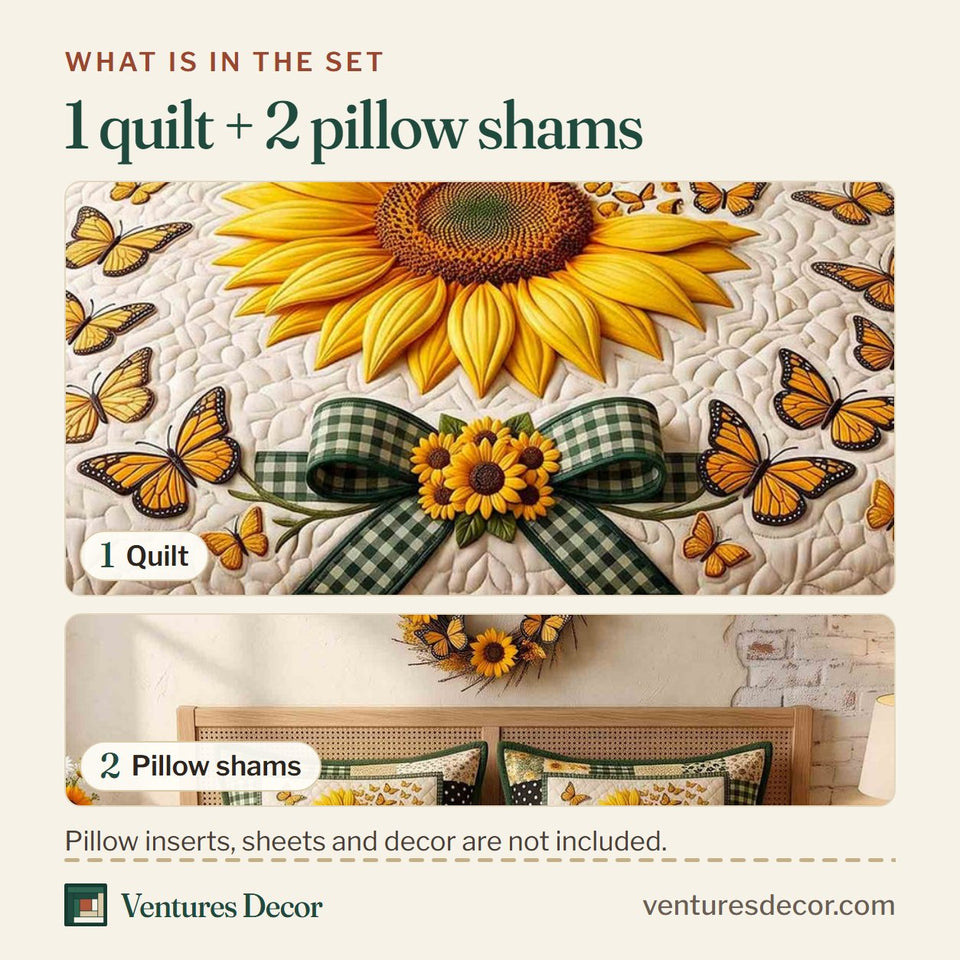 What is in the set: one quilt and two pillow shams, shown in the Sunflower Flutter design