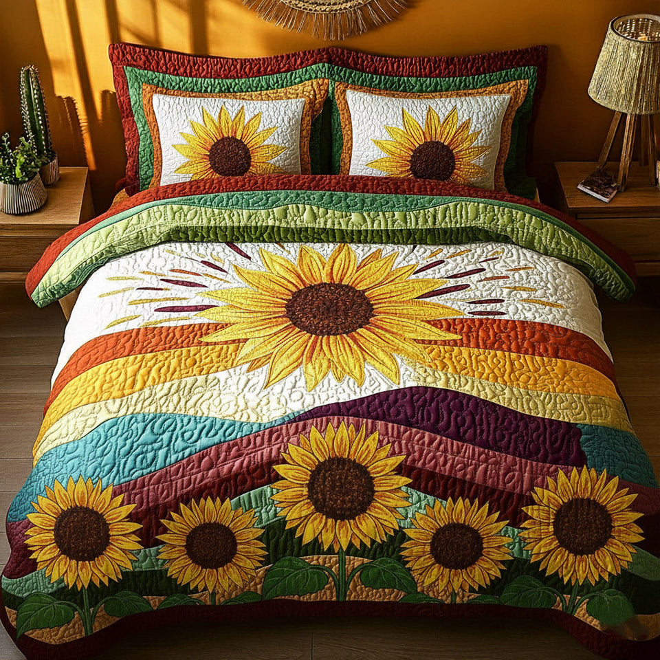 Sunflower Glow Striped Band Rows quilted bedding set, quilt and two pillow shams on a made bed