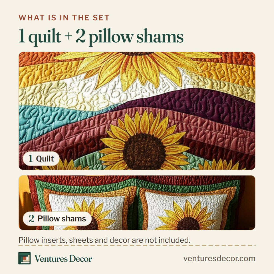 What is in the set: one quilt and two pillow shams, shown in the Sunflower Glow Striped Band Rows design