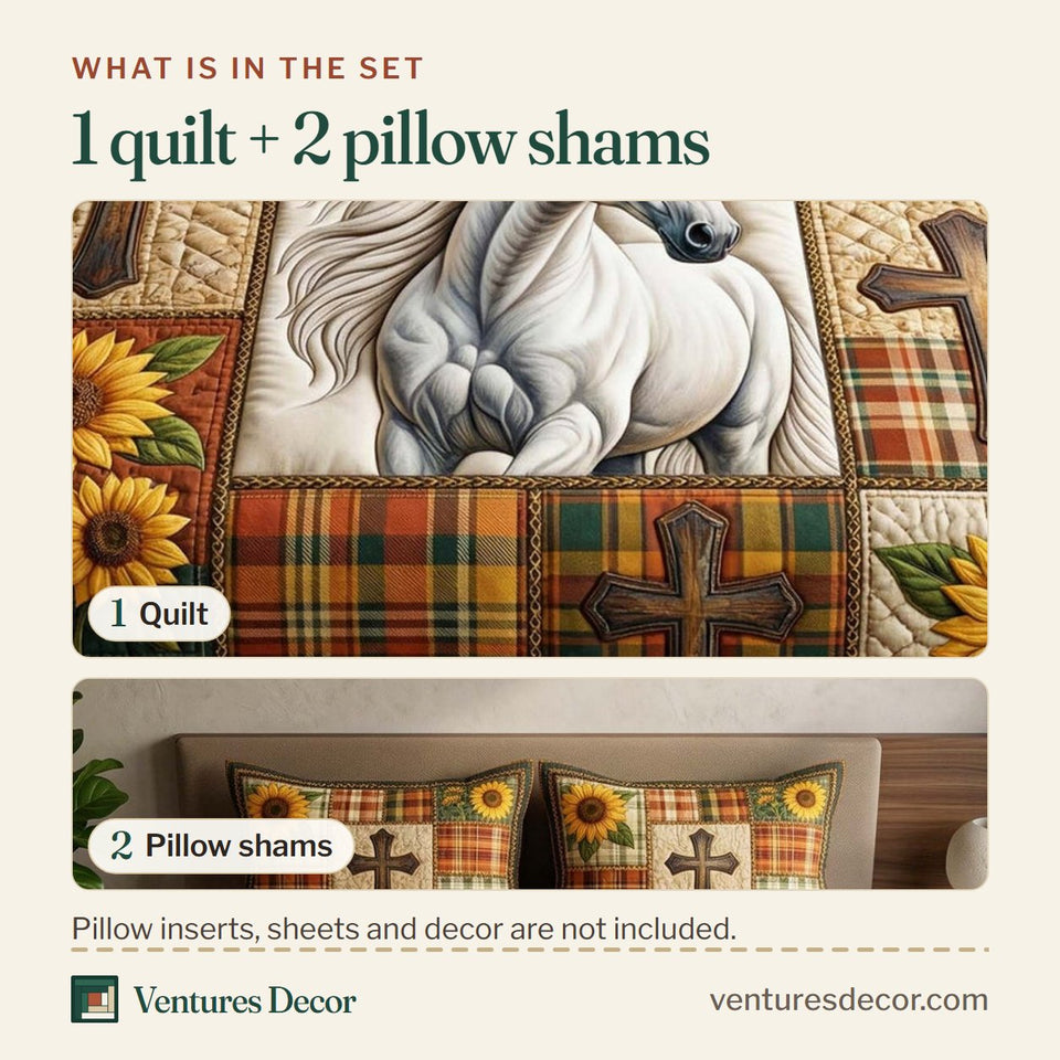 What is in the set: one quilt and two pillow shams, shown in the Sunflower Grace White Horse design