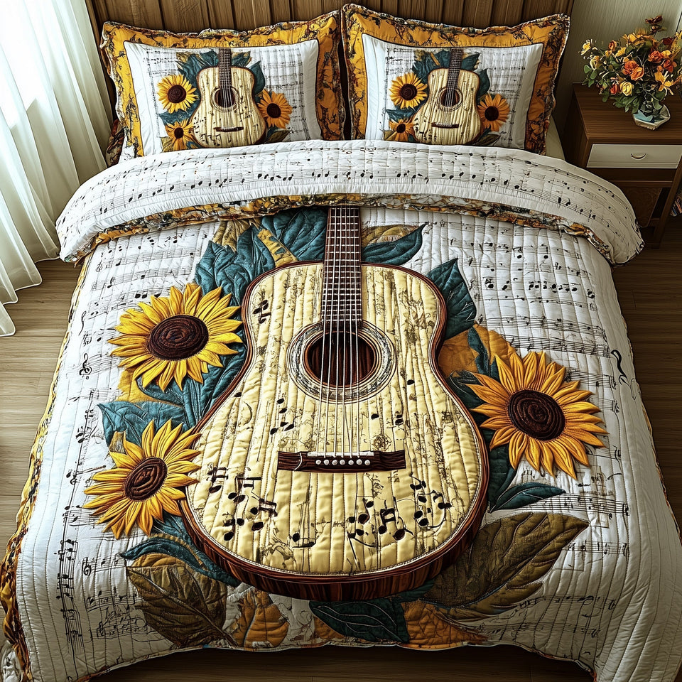 Sunflower Guitar Melody quilted bedding set, quilt and two pillow shams on a made bed