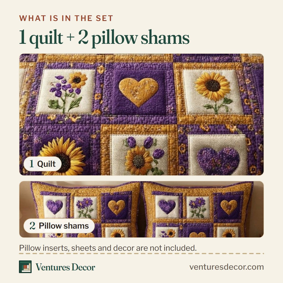 What is in the set: one quilt and two pillow shams, shown in the Sunflower Hearts design