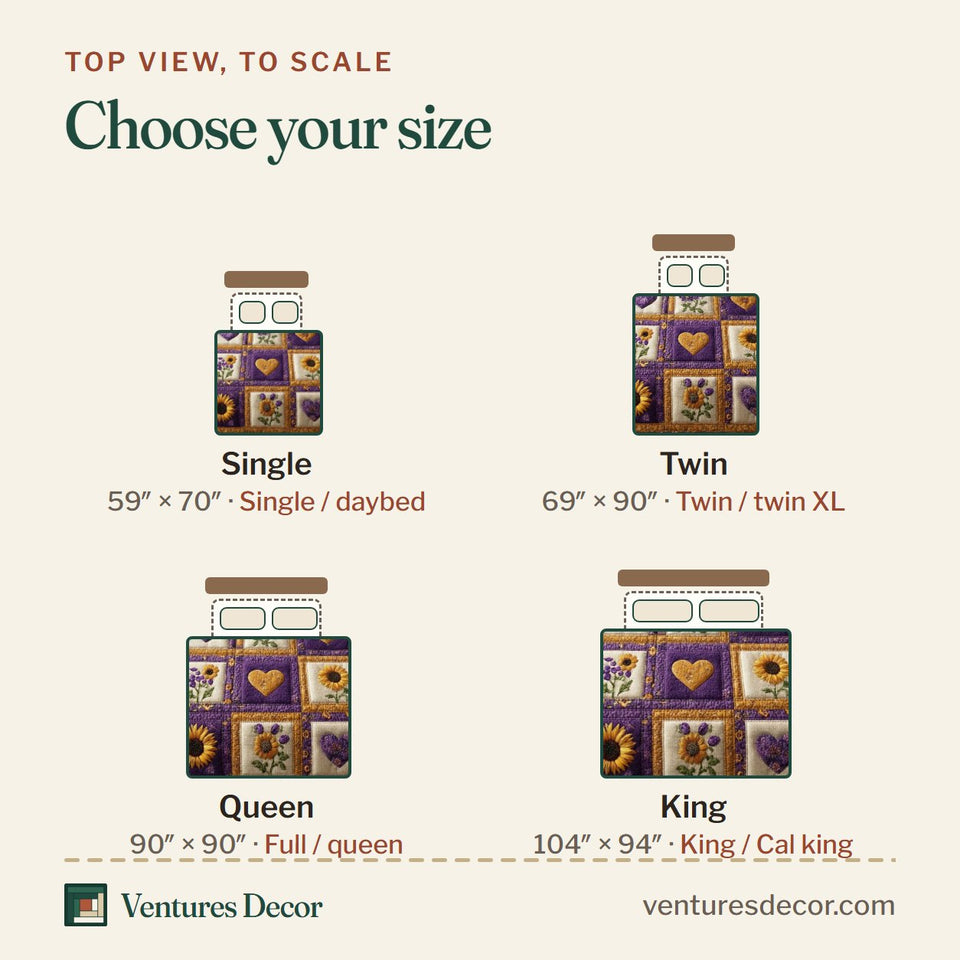 Size guide for the Sunflower Hearts quilt, top view to scale: Single 59 x 70 in, Twin 69 x 90 in, Queen 90 x 90 in, King 104 x 94 in