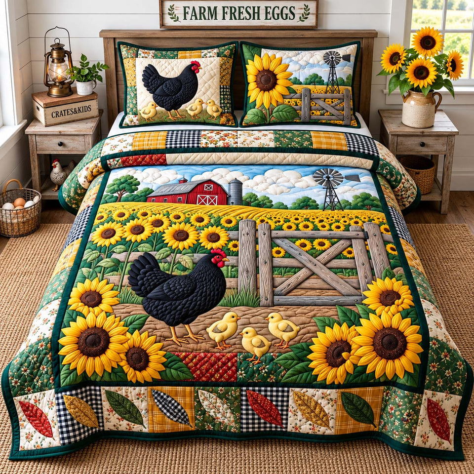 Sunflower Hen Meadow quilted bedding set, quilt and two pillow shams on a made bed