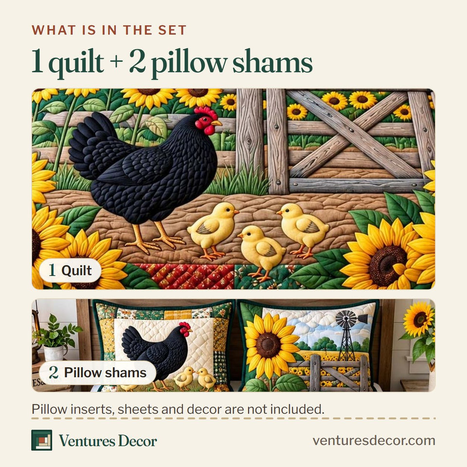 What is in the set: one quilt and two pillow shams, shown in the Sunflower Hen Meadow Quilt Set, 3-Piece Quilted Bedding with 2 Pillow Shams design