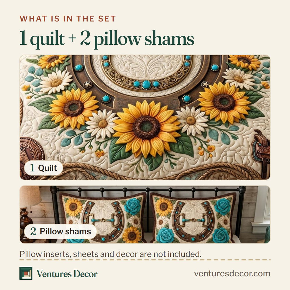 What is in the set: one quilt and two pillow shams, shown in the Sunflower Horseshoe Luck design