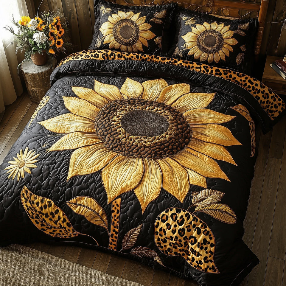 Sunflower Leopard quilted bedding set, quilt and two pillow shams on a made bed