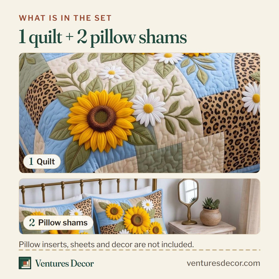 What is in the set: one quilt and two pillow shams, shown in the Sunflower Meadow design