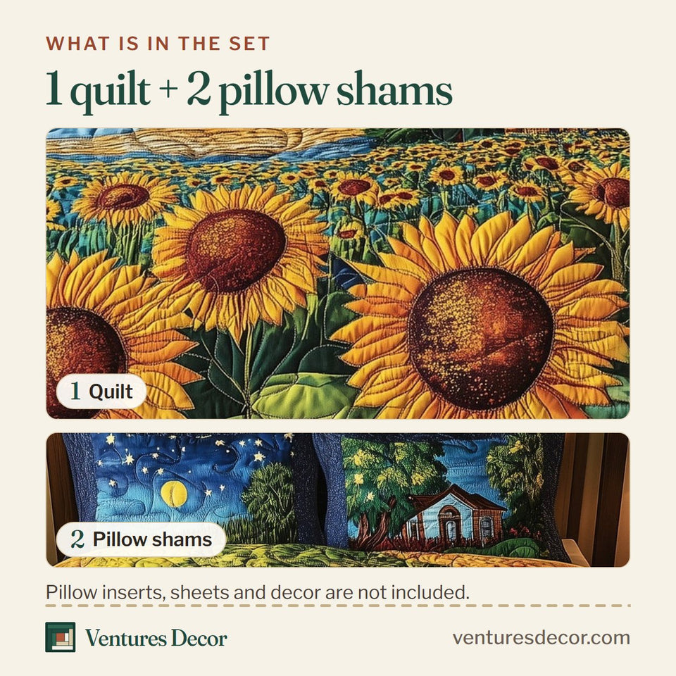 What is in the set: one quilt and two pillow shams, shown in the Sunflower Paradise Starry Sky and Church Tower design