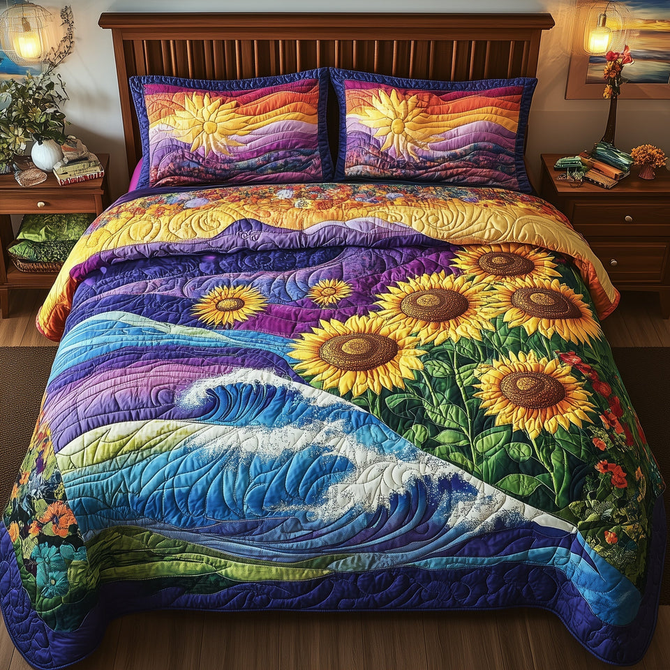 Sunflower Paradise Violet Sunset Wave quilted bedding set, quilt and two pillow shams on a made bed