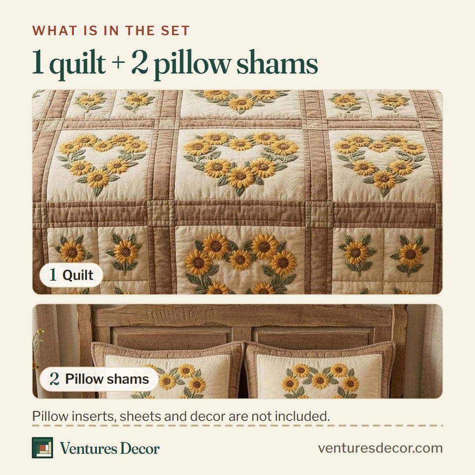 What is in the set: one quilt and two pillow shams, shown in the Sunflower Patchwork Bloom design