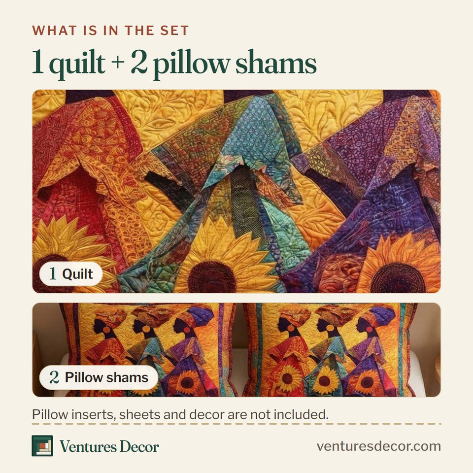 What is in the set: one quilt and two pillow shams, shown in the Sunflower Sisters design