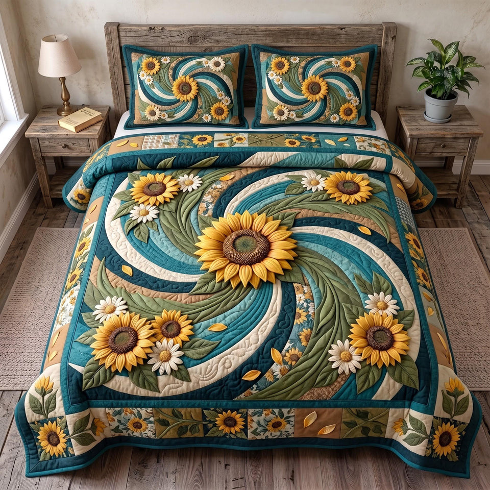 Sunflower Swirl in Brown quilted bedding set, quilt and two pillow shams on a made bed