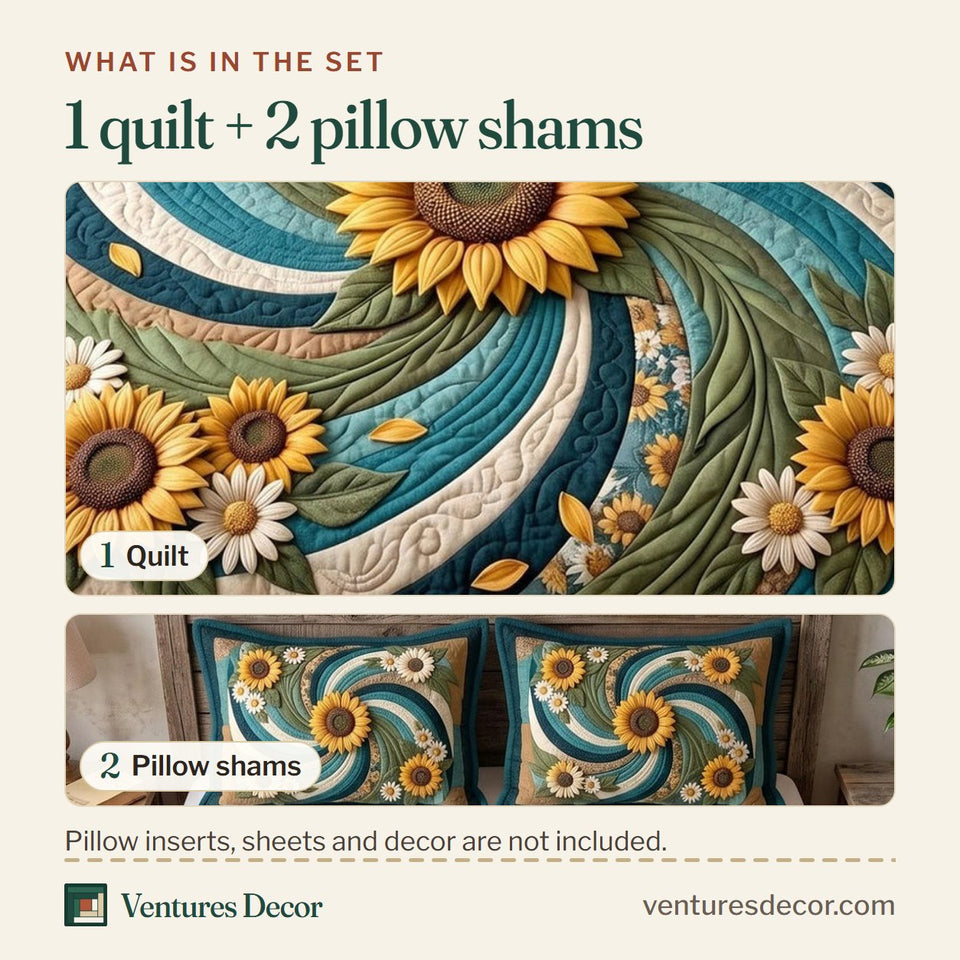 What is in the set: one quilt and two pillow shams, shown in the Sunflower Swirl in Brown design