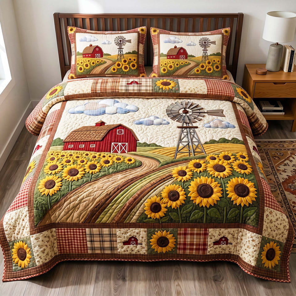 Sunflower Windmill Country quilted bedding set, quilt and two pillow shams on a made bed