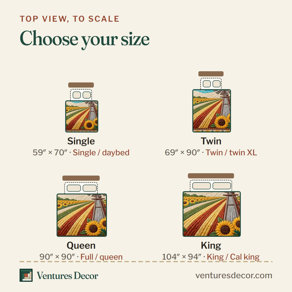 Size guide for the Sunflower Windmill quilt, top view to scale: Single 59 x 70 in, Twin 69 x 90 in, Queen 90 x 90 in, King 104 x 94 in