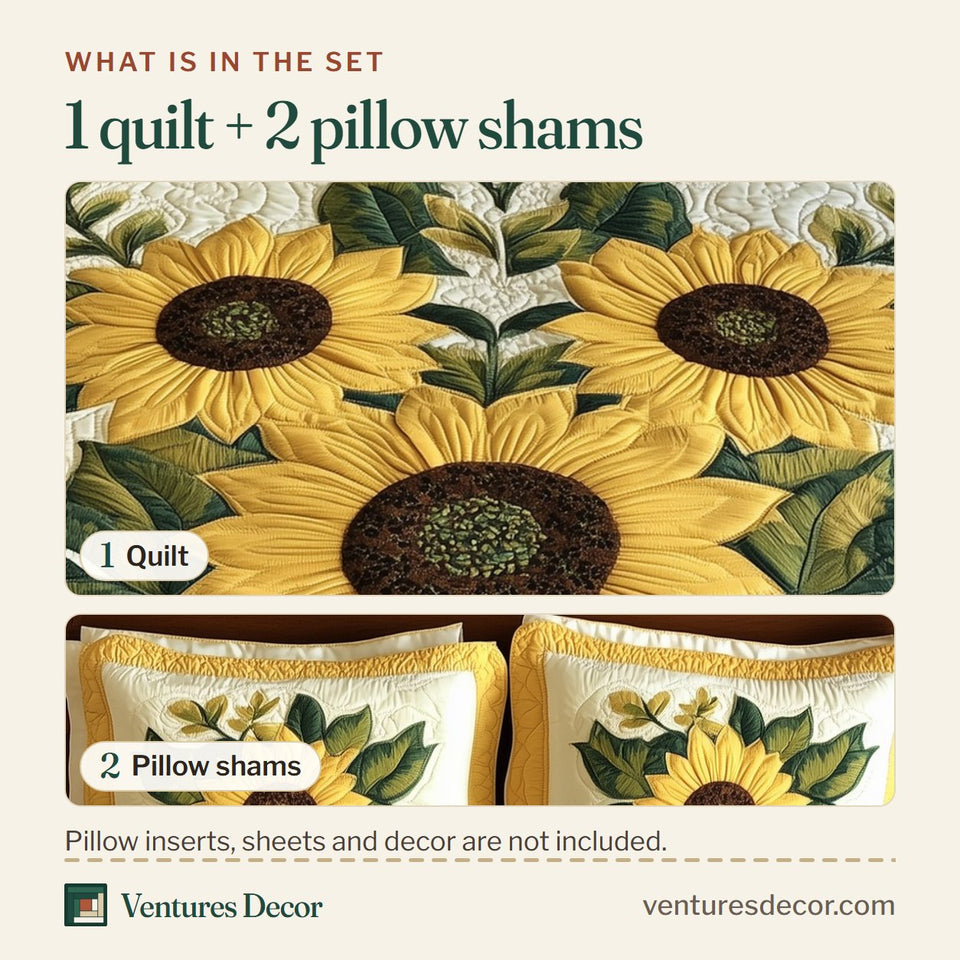 What is in the set: one quilt and two pillow shams, shown in the Sunflower Yellow Border Pair design