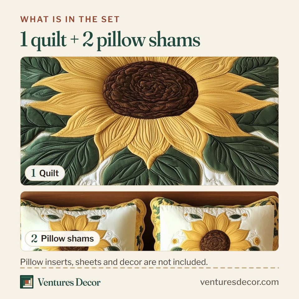 What is in the set: one quilt and two pillow shams, shown in the Sunflower Yellow Rosette Border design
