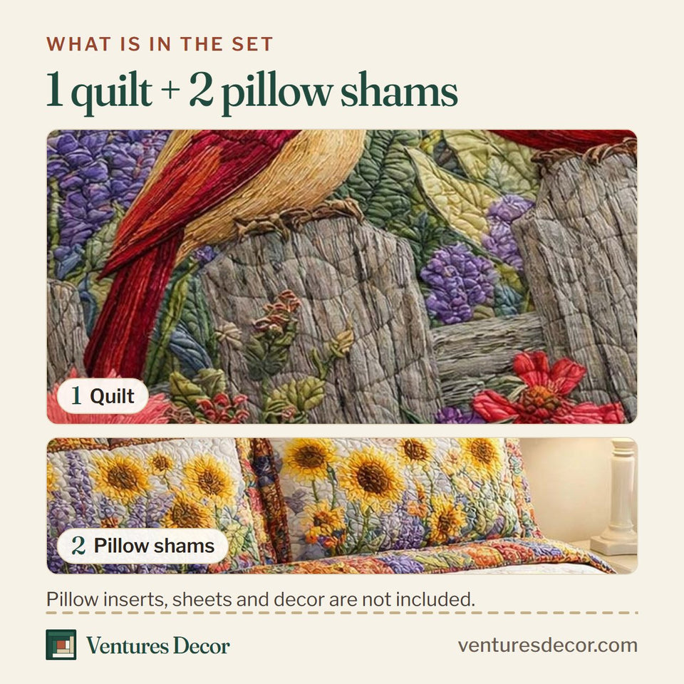 What is in the set: one quilt and two pillow shams, shown in the Sunlit Cardinal Meadow design
