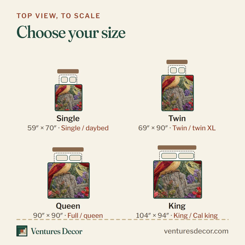 Size guide for the Sunlit Cardinal Meadow quilt, top view to scale: Single 59 x 70 in, Twin 69 x 90 in, Queen 90 x 90 in, King 104 x 94 in