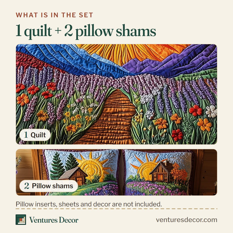 What is in the set: one quilt and two pillow shams, shown in the Sunlit Hilltop Bloom Trail design