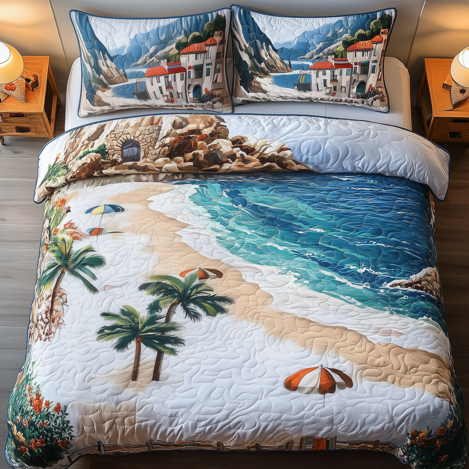 Sunny Beach quilted bedding set, quilt and two pillow shams on a made bed