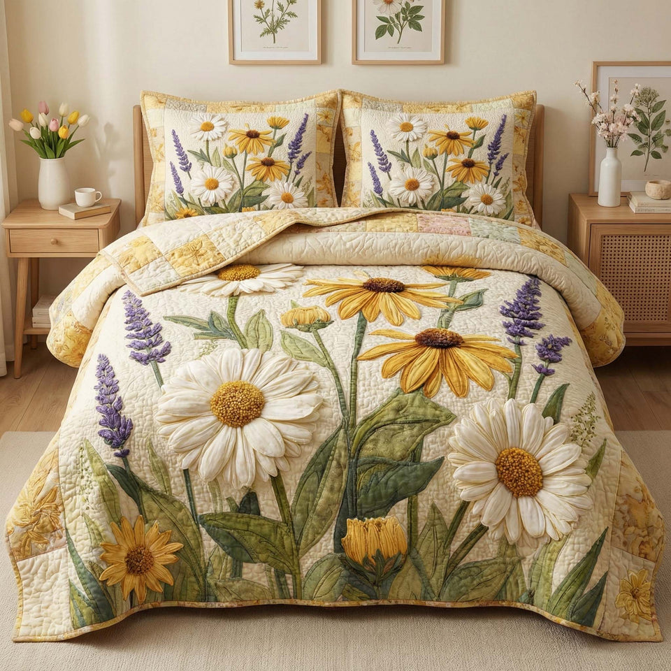 Sunny Daisy Lavender Field quilted bedding set, quilt and two pillow shams on a made bed