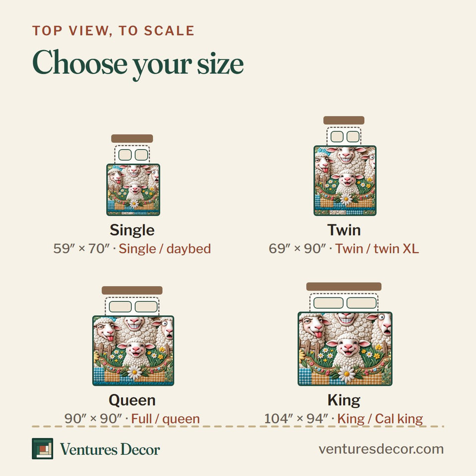 Size guide for the Sunny Daisy Smiles quilt, top view to scale: Single 59 x 70 in, Twin 69 x 90 in, Queen 90 x 90 in, King 104 x 94 in