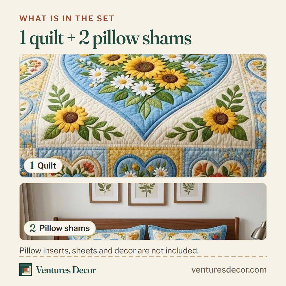 What is in the set: one quilt and two pillow shams, shown in the Sunny Floral design