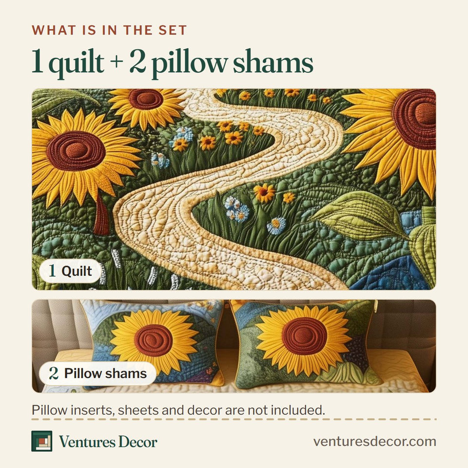 What is in the set: one quilt and two pillow shams, shown in the Sunny Path Sunflower Trail design