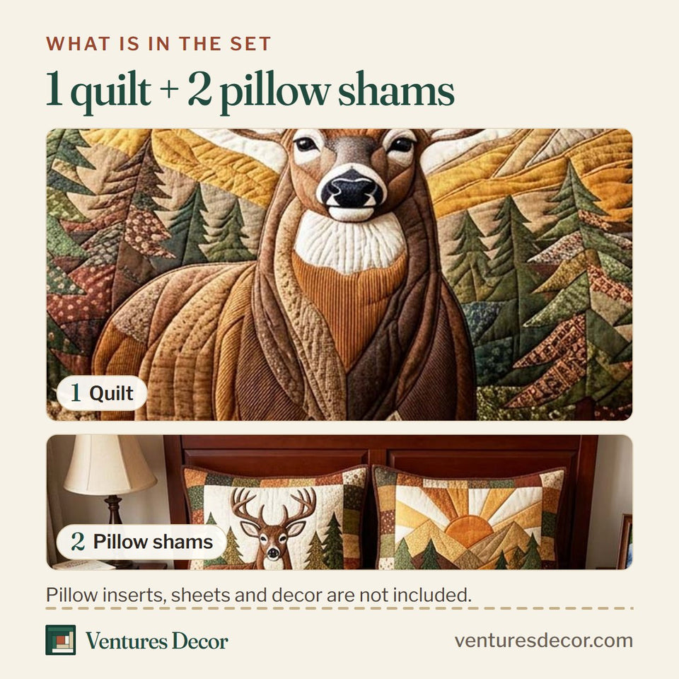 What is in the set: one quilt and two pillow shams, shown in the Sunrise Antlers design