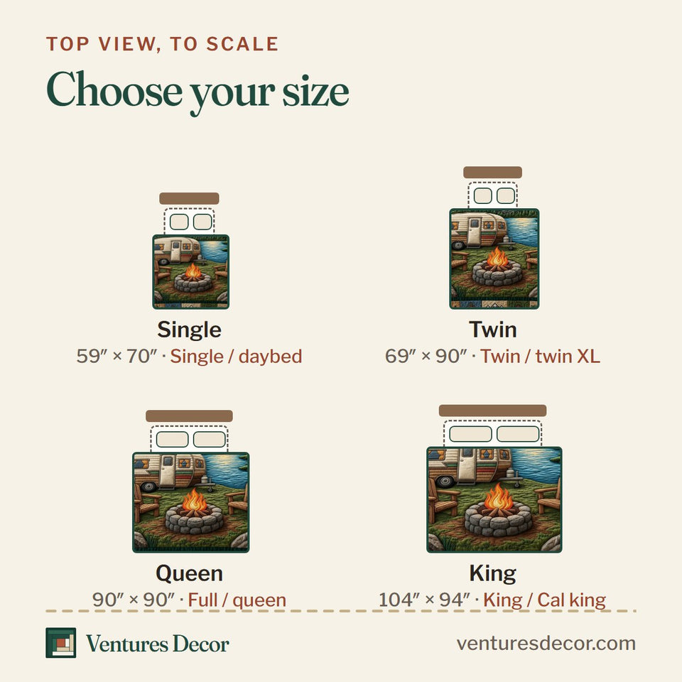Size guide for the Sunrise Camper Firepit quilt, top view to scale: Single 59 x 70 in, Twin 69 x 90 in, Queen 90 x 90 in, King 104 x 94 in