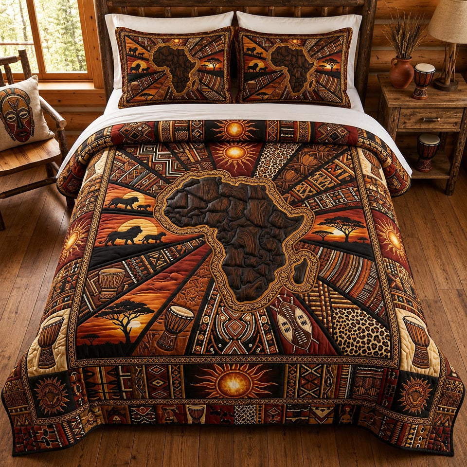 Sunset Africa Map Mosaic quilted bedding set, quilt and two pillow shams on a made bed