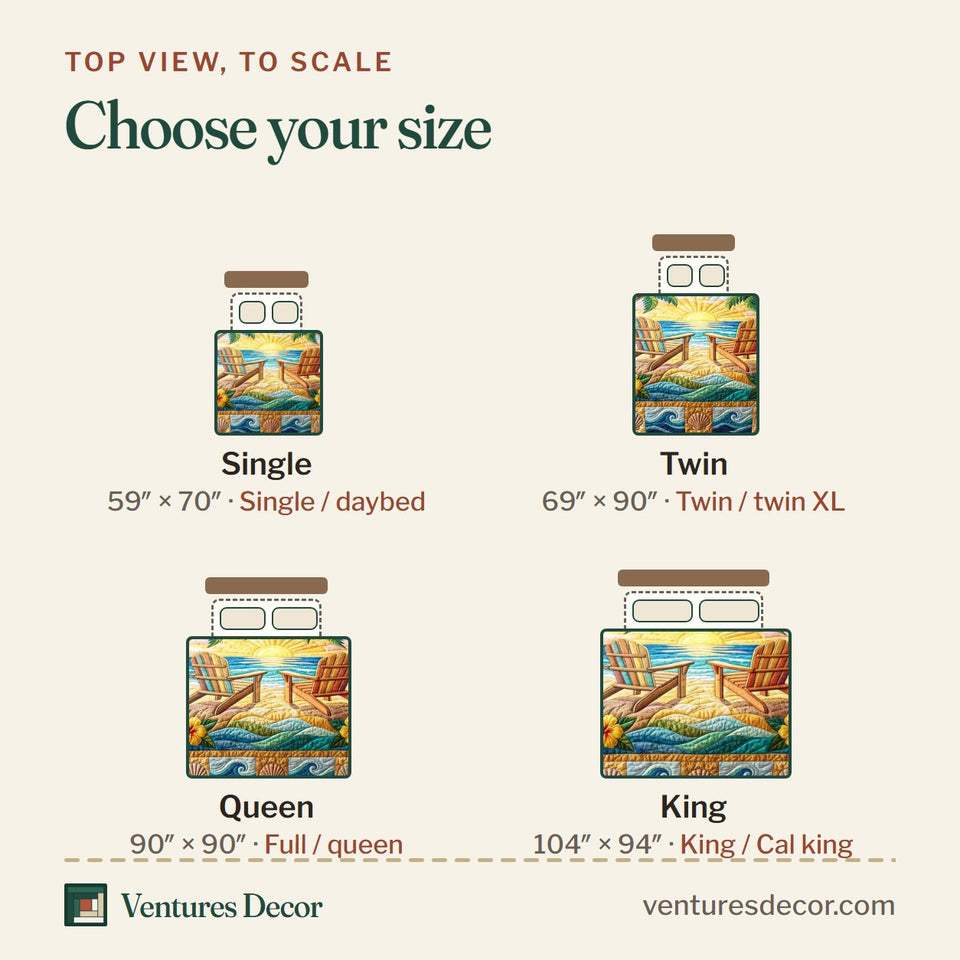 Size guide for the Sunset Beach quilt, top view to scale: Single 59 x 70 in, Twin 69 x 90 in, Queen 90 x 90 in, King 104 x 94 in