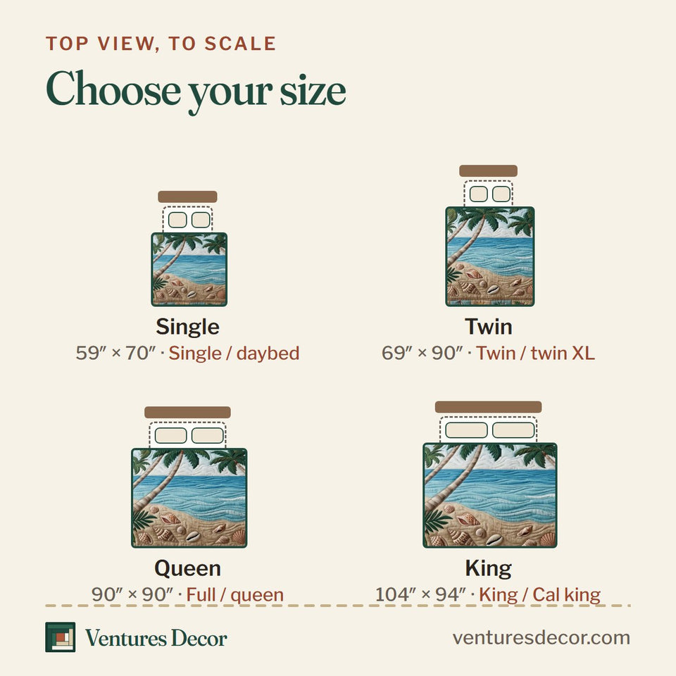 Size guide for the Sunset Beach Retreat quilt, top view to scale: Single 59 x 70 in, Twin 69 x 90 in, Queen 90 x 90 in, King 104 x 94 in